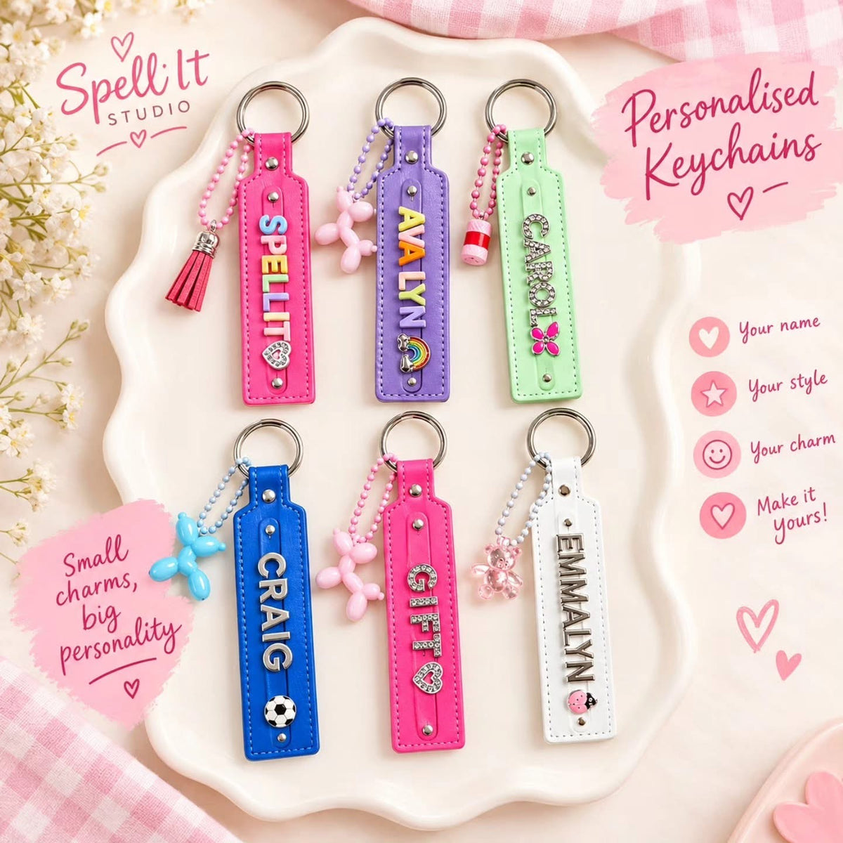 Personalised Leather Charm Keychain with Pendant
